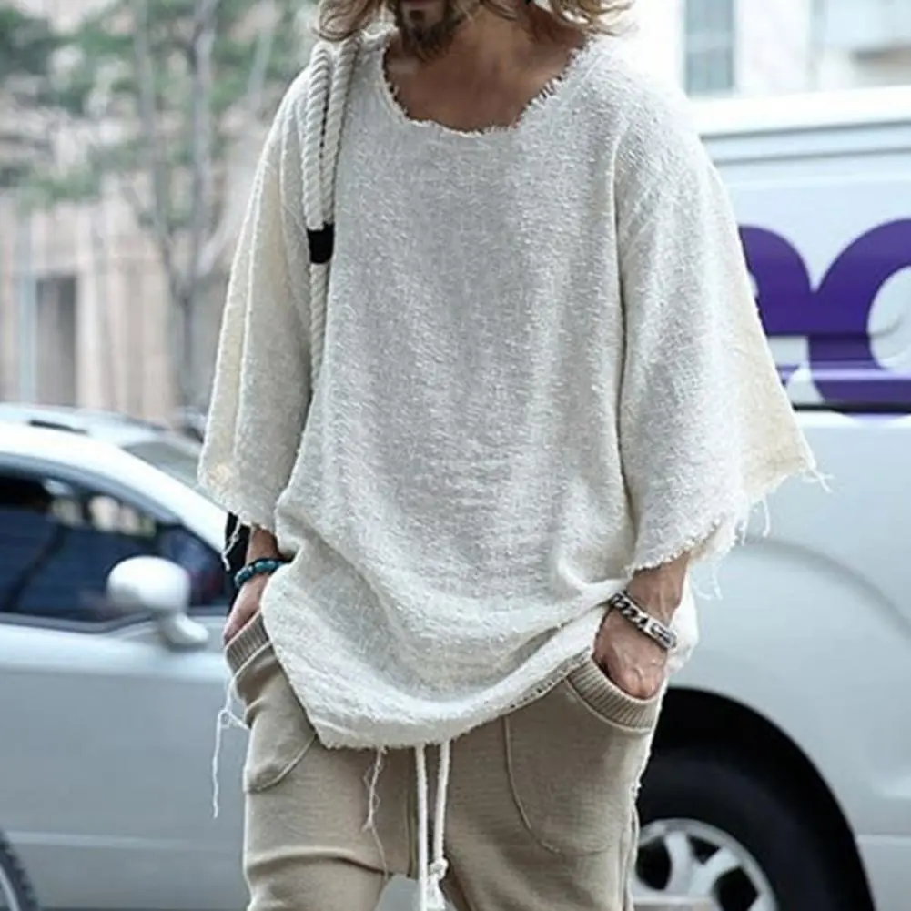 Men T-shirt Cotton Blend Casual Solid Color Burrs Edge T-shirt Leisure Individual Old Style Loose Type Ripped Edge Loose T-shirt
