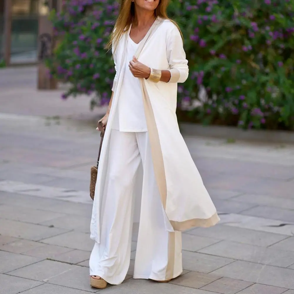Three-Piece Sets Women Outfit Long Cardigan Sling Tops Wide Leg Pants Suits Casual Cardigan Straight Leg Trouser V Neck Camisole