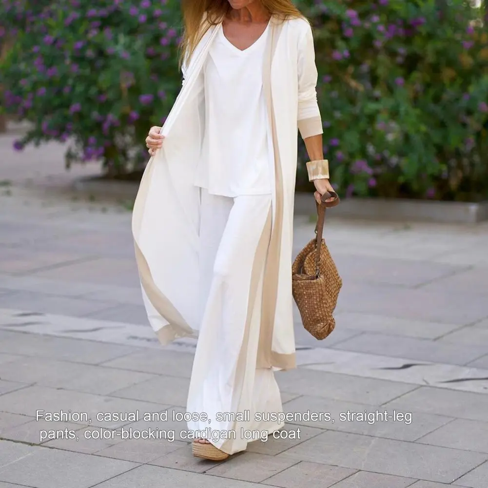 Three-Piece Sets Women Outfit Long Cardigan Sling Tops Wide Leg Pants Suits Casual Cardigan Straight Leg Trouser V Neck Camisole