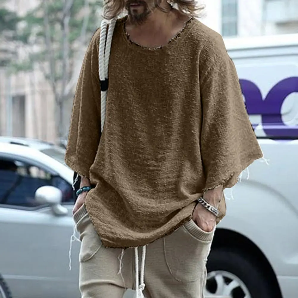 Men T-shirt Cotton Blend Casual Solid Color Burrs Edge T-shirt Leisure Individual Old Style Loose Type Ripped Edge Loose T-shirt