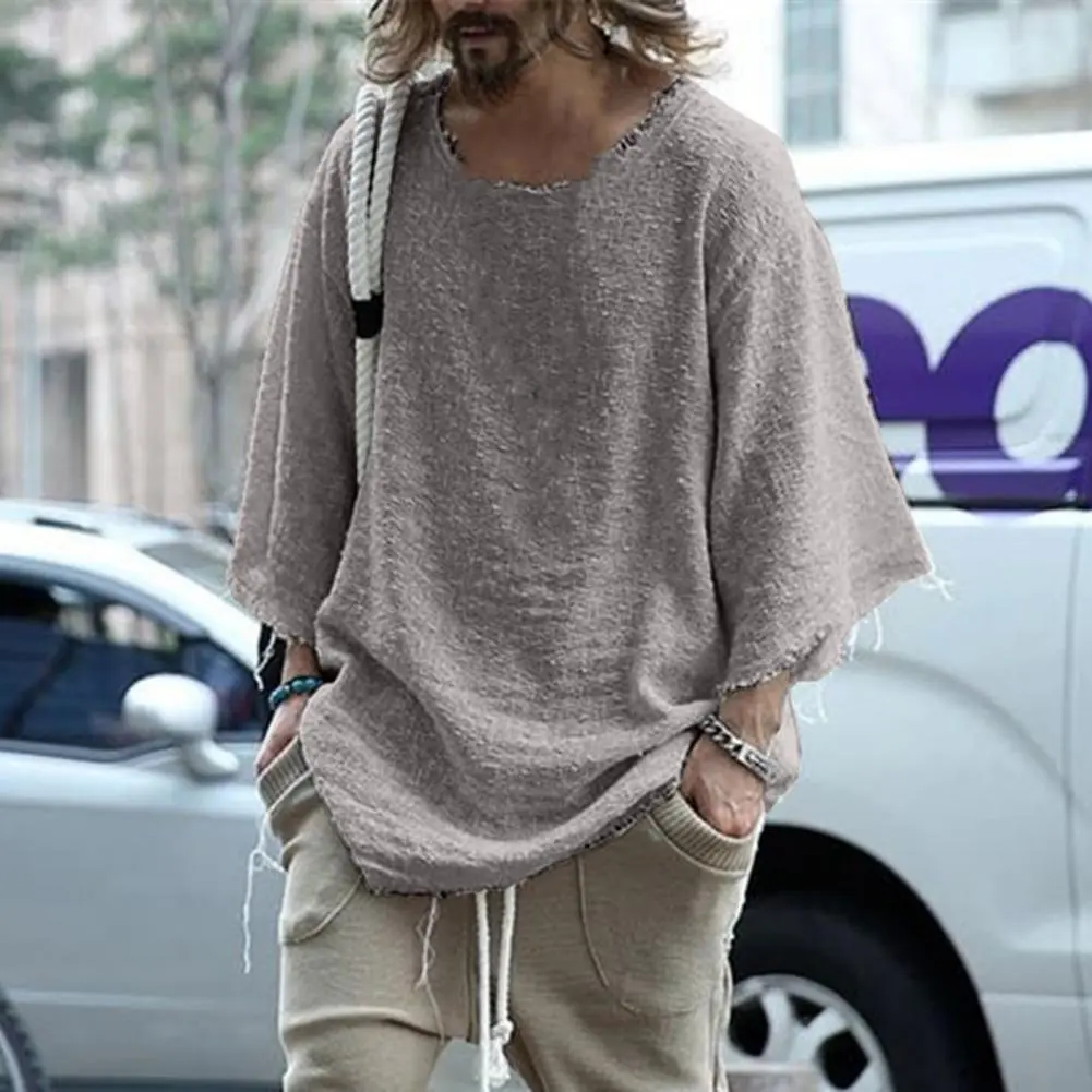 Men T-shirt Cotton Blend Casual Solid Color Burrs Edge T-shirt Leisure Individual Old Style Loose Type Ripped Edge Loose T-shirt