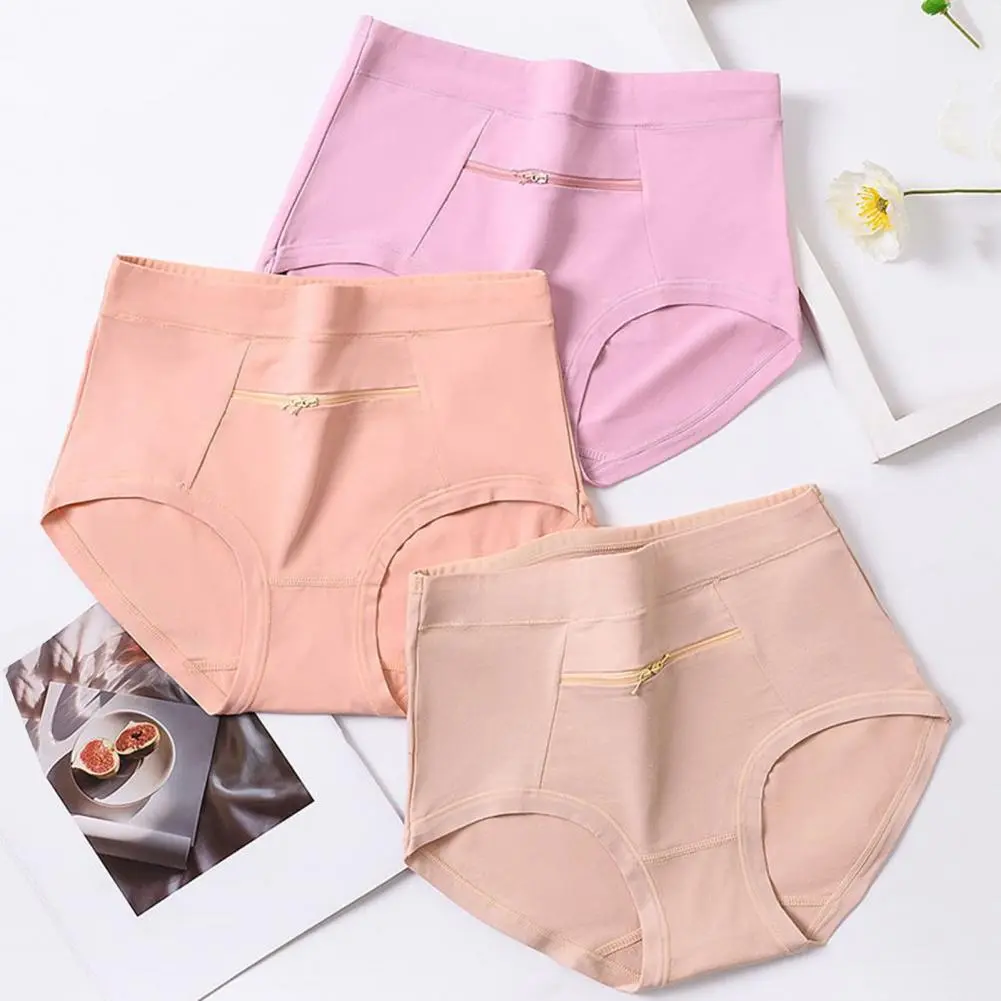 Anti-theft Zipper Pocket Women's Underwear Cotton Panties High Waist Briefs Sexy Lingeries Cotton Middle-aged Grandma Underpants