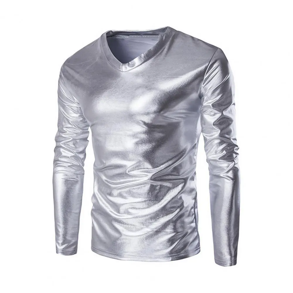 Men's Shiny Gold Bronzing Gloss T-shirt Long Sleeve Men Blouse Summer Top Christmas Halloween Party Stage Costume Men's Clothing