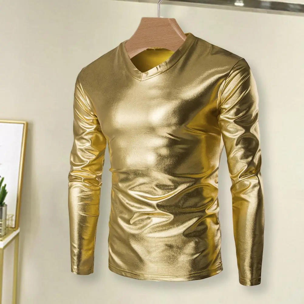 Men's Shiny Gold Bronzing Gloss T-shirt Long Sleeve Men Blouse Summer Top Christmas Halloween Party Stage Costume Men's Clothing