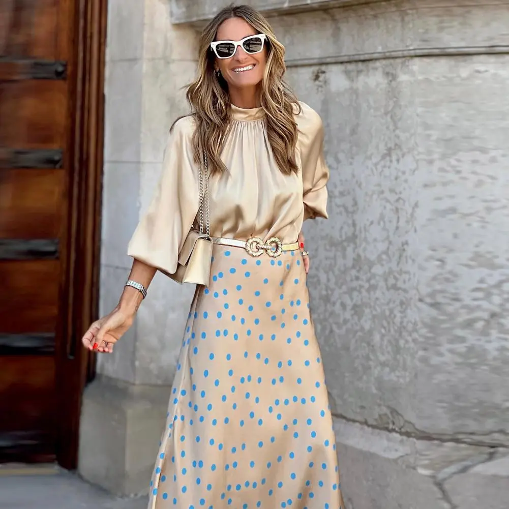 Vintage High Waist Dot Print OL Style Women Skirt Boho A-line Casual Long Skirts Dress Up Mid-calf Length Spring Autumn Skirt