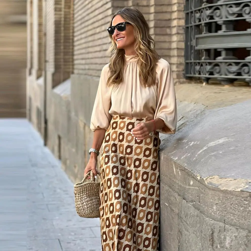 Vintage High Waist Dot Print OL Style Women Skirt Boho A-line Casual Long Skirts Dress Up Mid-calf Length Spring Autumn Skirt