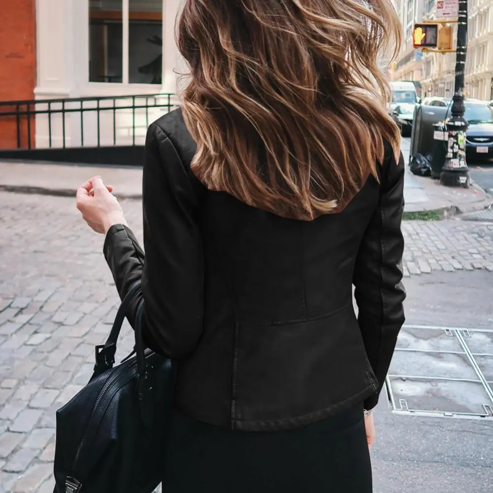 Women Bike Coat PU Leather Zipper Outfit Vintage Fashion Short Jacket Short Faux Leather Suit Coat Spring Autumn Women Outwear