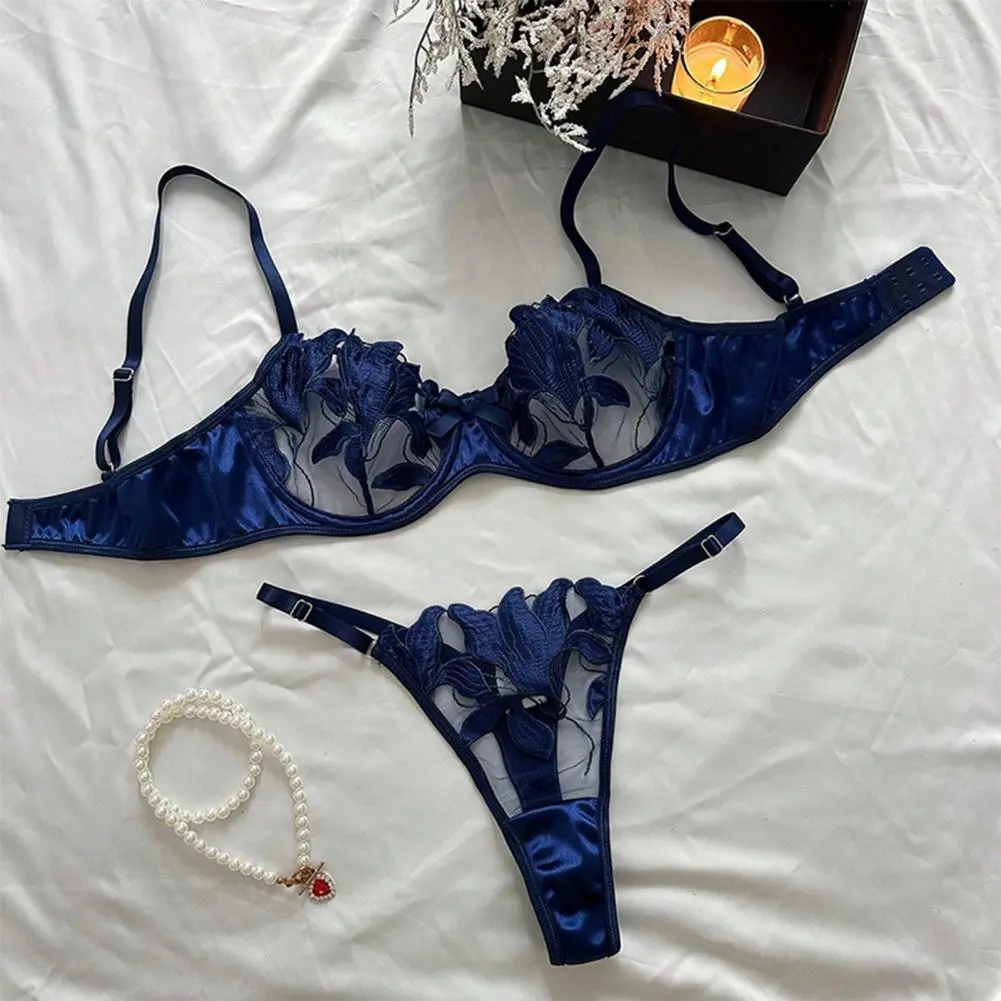 Fairy Lingerie Women Bra Briefs Set Sexy Push Up See-through Mesh Flower Embroidery Bra Thong Set Transparent Mesh Underwear Set