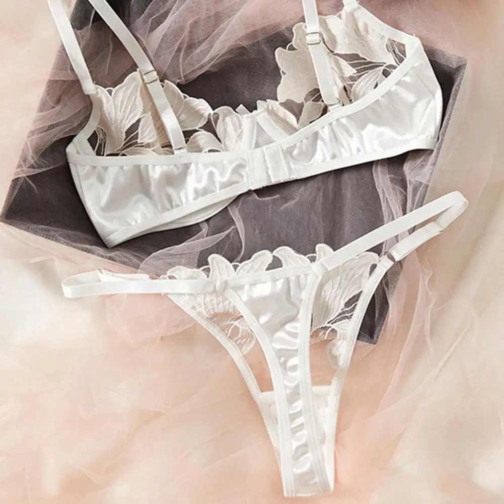 Fairy Lingerie Women Bra Briefs Set Sexy Push Up See-through Mesh Flower Embroidery Bra Thong Set Transparent Mesh Underwear Set