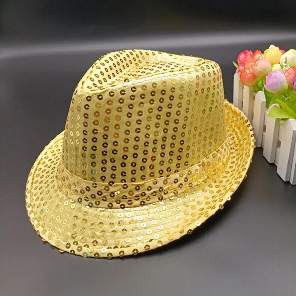 Adult Kids Sequins Jazz Hat Boys Girls Fedoras Short Brim Hemming Performance Sequins Hat Party Holiday Caps Carnival Hat