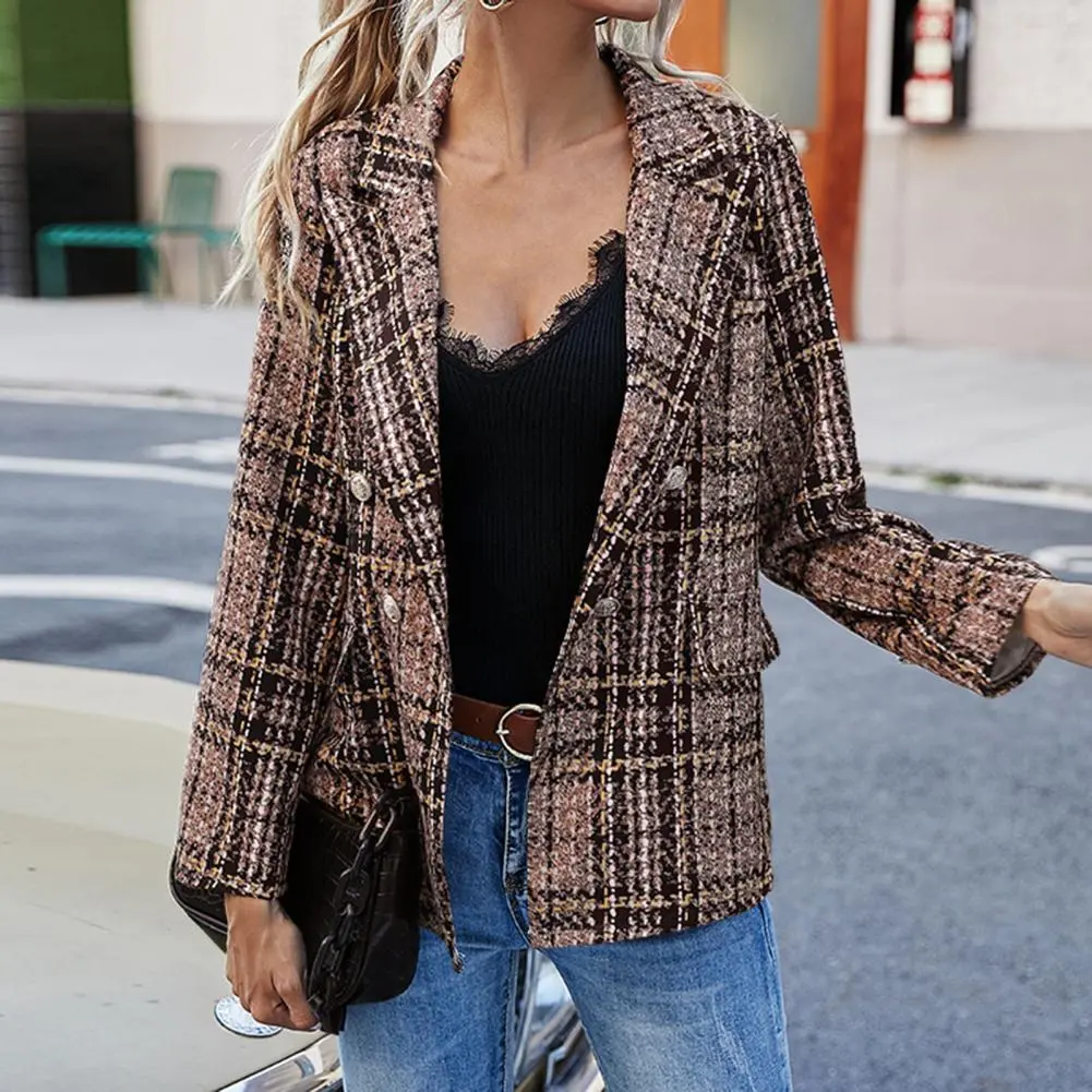 Elegant Weave Plaid Women Double Breasted Casual Tweed Coat Office Ladies Suit Jacket Lapel Plaid Print Formal Jackets