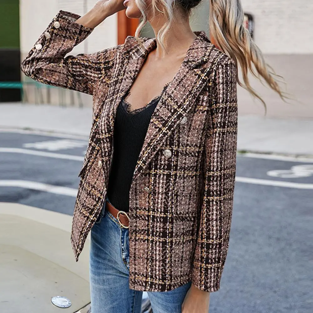 Elegant Weave Plaid Women Double Breasted Casual Tweed Coat Office Ladies Suit Jacket Lapel Plaid Print Formal Jackets