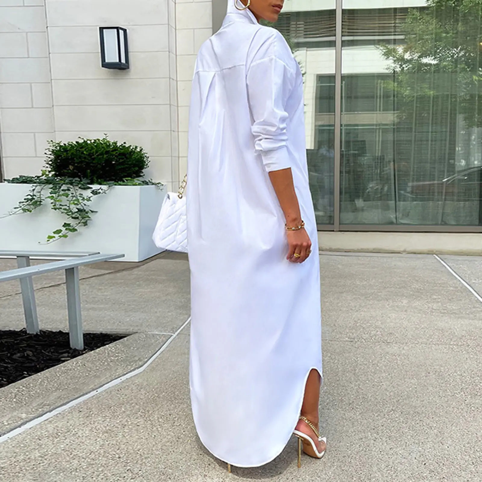 Women Shirt Windproof Shirt Dress Versatile Hem Stylish Autumn Winter Solid Color Shirt Long Dress