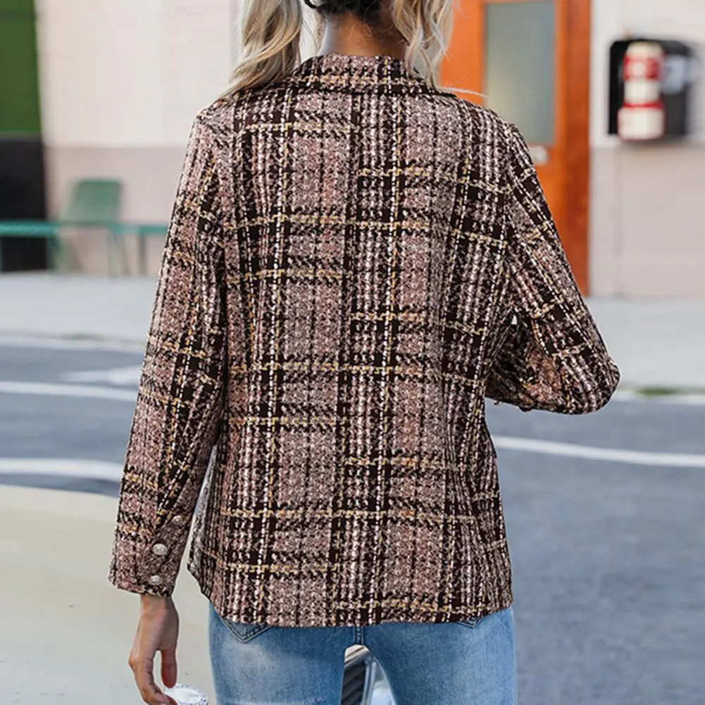 Elegant Weave Plaid Women Double Breasted Casual Tweed Coat Office Ladies Suit Jacket Lapel Plaid Print Formal Jackets