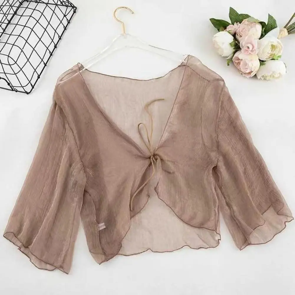 Transparent Women Cardigan Blouses Bow Lace Up Long Sleeve Crop Top Korean Elegant Sunscreen Shirt Thin Sun Shirt