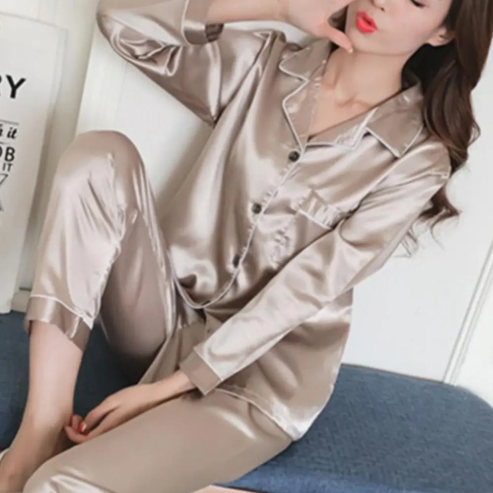 Women Silk Satin Pajamas Long Sleeve Shirt Pants Pajama Set Pijama Lady Loungewear Sexy Sleepwear Loungewear Conjuntos De Pijama