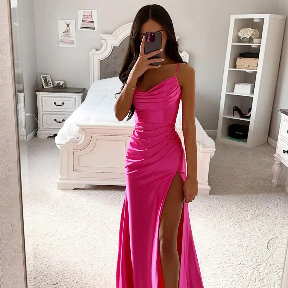 2024 Summer Women's Sexy Vintage Tulle Long Dress  Spaghetti Strap Satin Pleated Low-cut V Neck High Split dress Party Gown Ball