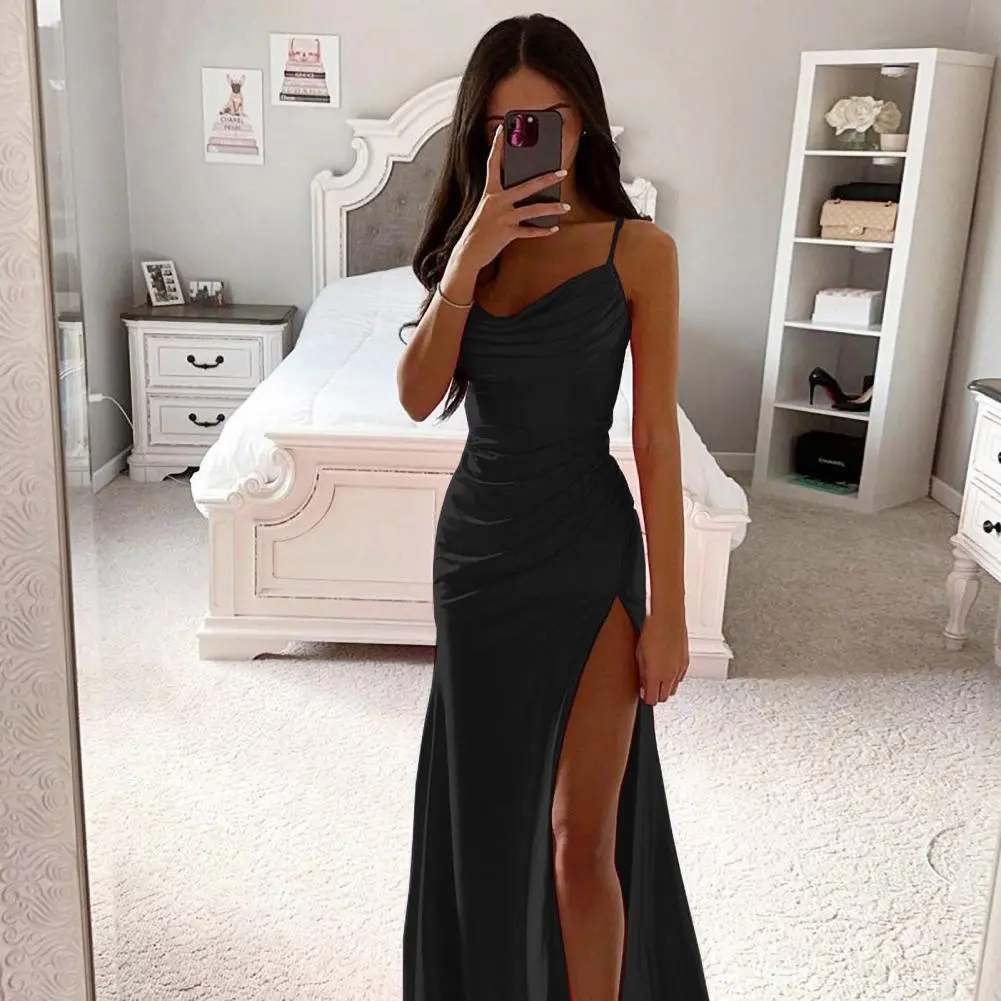 2024 Summer Women's Sexy Vintage Tulle Long Dress  Spaghetti Strap Satin Pleated Low-cut V Neck High Split dress Party Gown Ball
