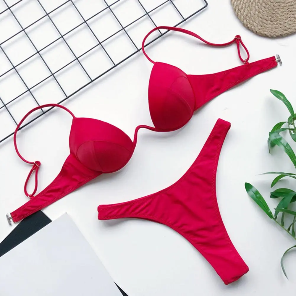 Sexy High Cut Padded Women Bikinis Set 8 Colors Bathing Suit With Chest Pad Underwire Bikini Top Underwear Women Swimming Suit