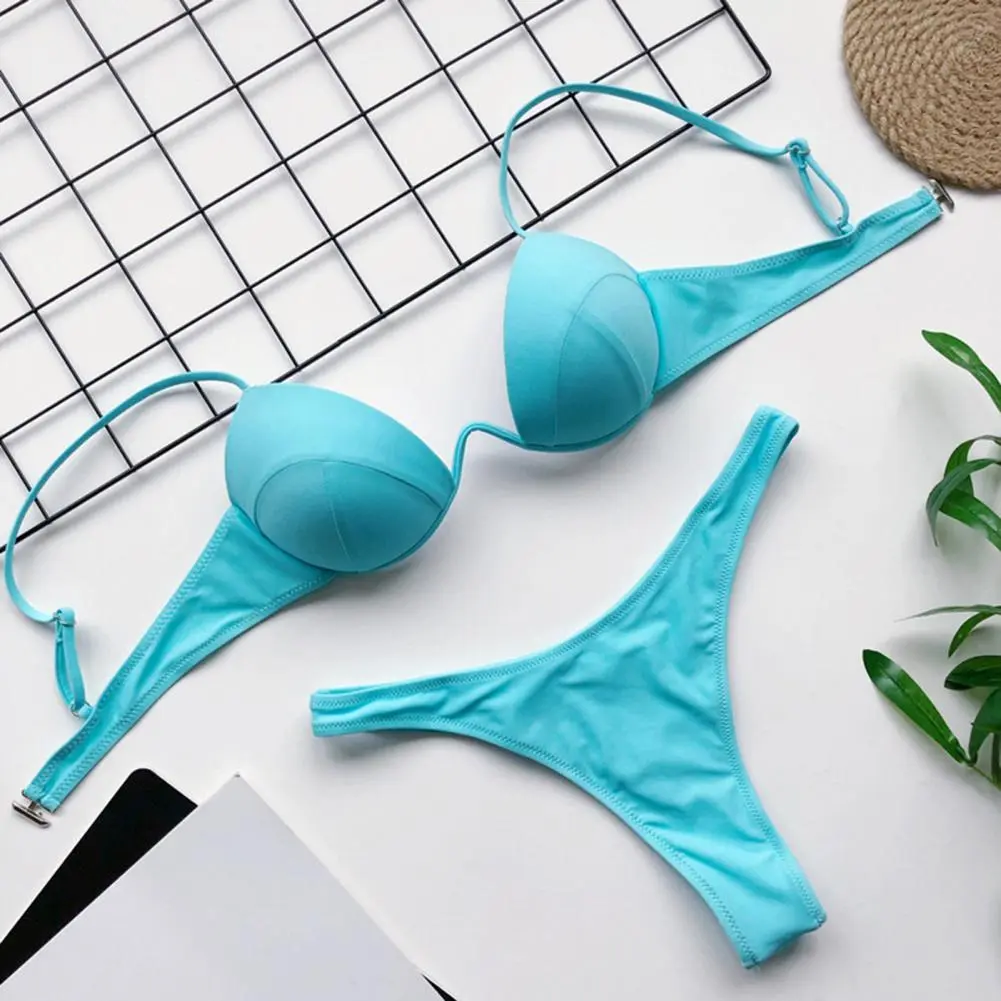 Sexy High Cut Padded Women Bikinis Set 8 Colors Bathing Suit With Chest Pad Underwire Bikini Top Underwear Women Swimming Suit