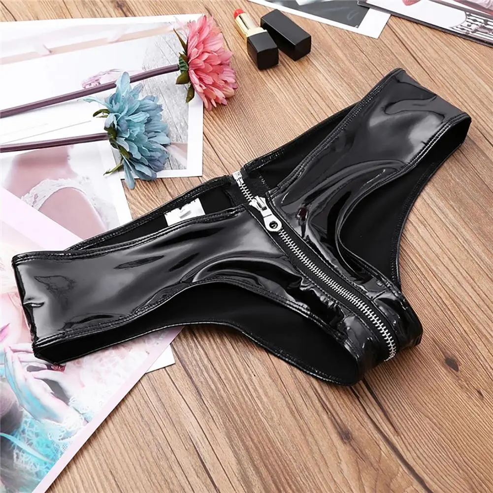 Leather Erotic Lingerie Low Waist Crotchless Panties Mini Briefs Hot Panties Leather Shorts Sex Erotic Women G-strings T-Back