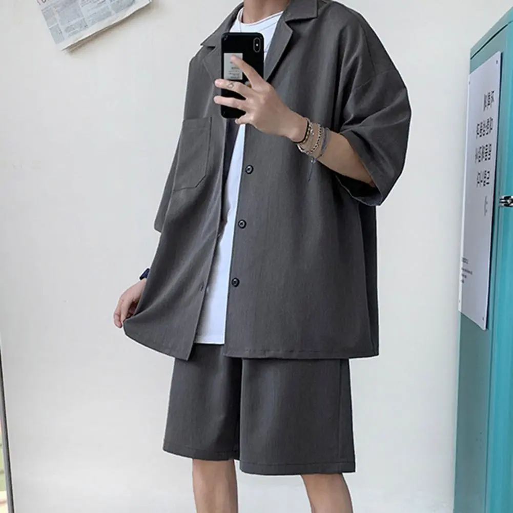 Men Coat Short Pants Set Men's Summer Solid Color JK Loose College Style Suit Two Pieces Matching Clothes Men Shirt Shorts Set