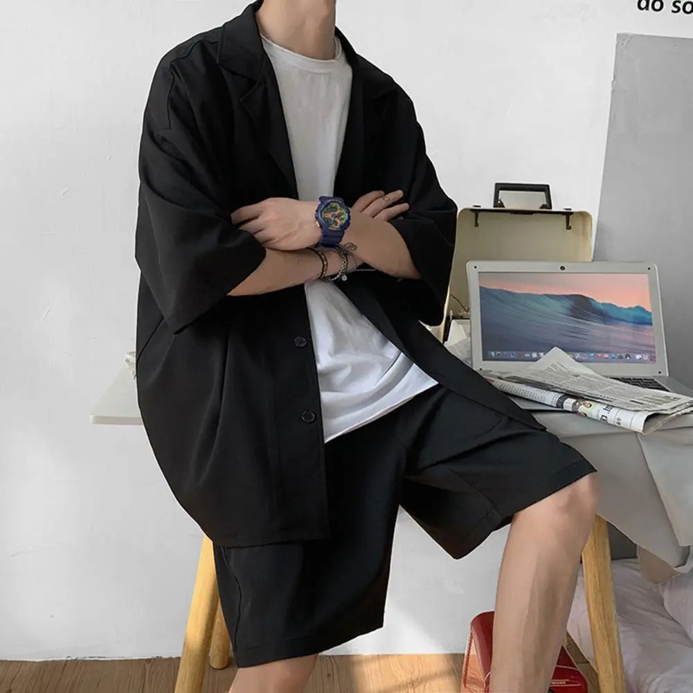 Men Coat Short Pants Set Men's Summer Solid Color JK Loose College Style Suit Two Pieces Matching Clothes Men Shirt Shorts Set