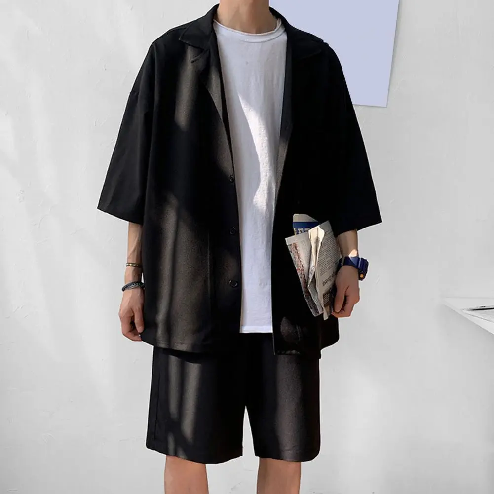 Men Coat Short Pants Set Men's Summer Solid Color JK Loose College Style Suit Two Pieces Matching Clothes Men Shirt Shorts Set