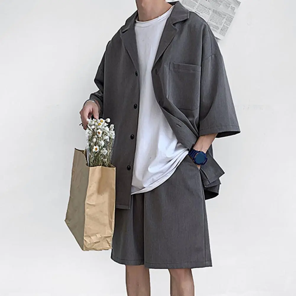 Men Coat Short Pants Set Men's Summer Solid Color JK Loose College Style Suit Two Pieces Matching Clothes Men Shirt Shorts Set