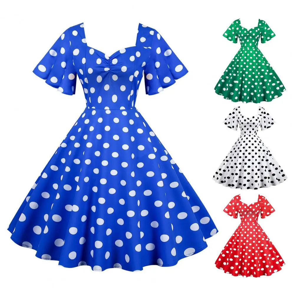 Retro Dot Print Female Midi Dress 1980s A-line V Neck Ruffle Sleeves Tight High Waist Elegant Evening Dress Silhouette Dress