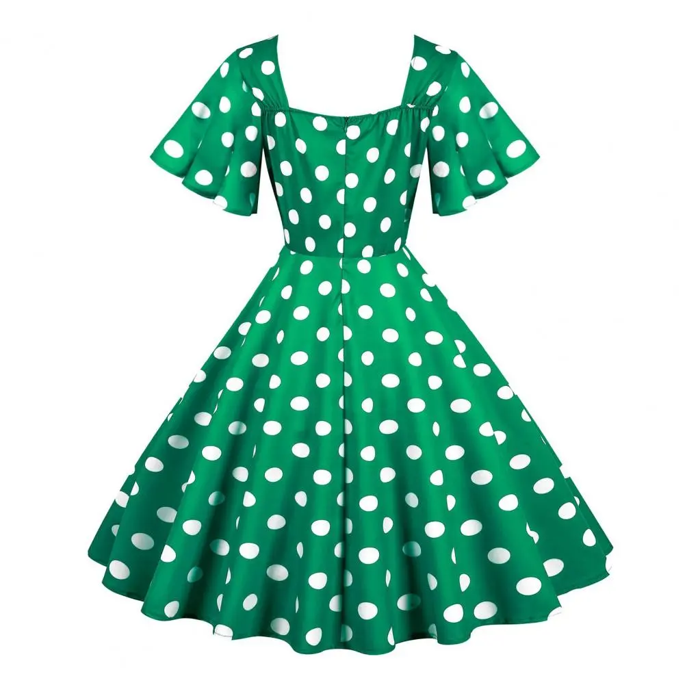 Retro Dot Print Female Midi Dress 1980s A-line V Neck Ruffle Sleeves Tight High Waist Elegant Evening Dress Silhouette Dress