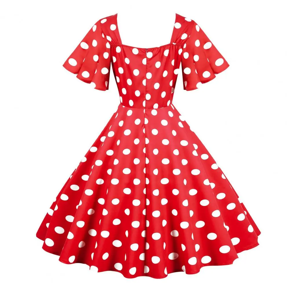 Retro Dot Print Female Midi Dress 1980s A-line V Neck Ruffle Sleeves Tight High Waist Elegant Evening Dress Silhouette Dress