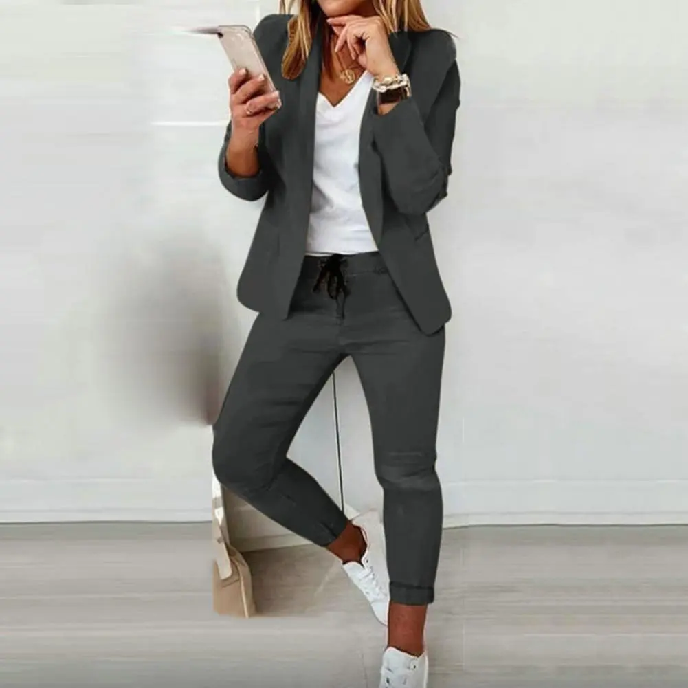 Business Style Women Pants Set Lapel Collar Jacket Drawstring Waist Slim Fit Pants Trousers Casual office lady set