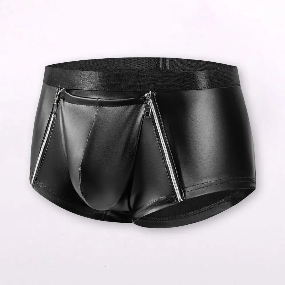 Men Sexy Shorts Briefs Double Zipper Underwear Matte Faux Leather Hot Shorts Bulge Pouch Shorts Panties Slim Fit Men Briefs
