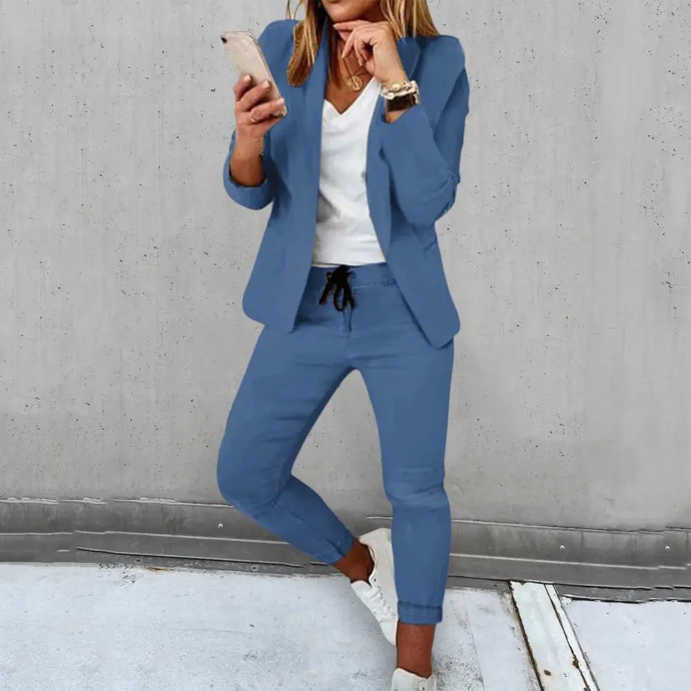 Business Style Women Pants Set Lapel Collar Jacket Drawstring Waist Slim Fit Pants Trousers Casual office lady set