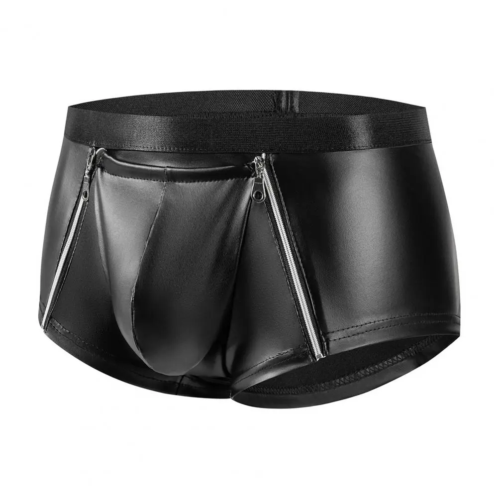 Men Sexy Shorts Briefs Double Zipper Underwear Matte Faux Leather Hot Shorts Bulge Pouch Shorts Panties Slim Fit Men Briefs