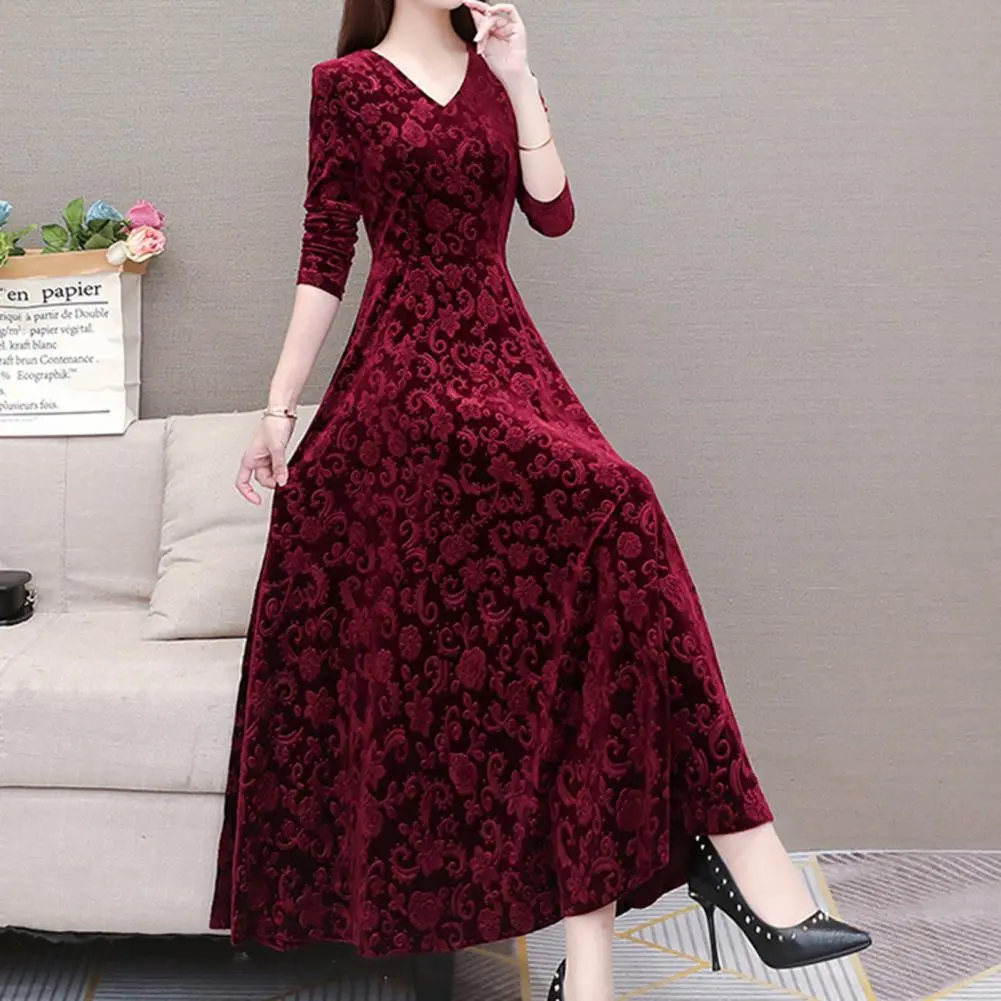 Velvet Elegant Women Maxi Dress Chic Flower Pattern V Neck Long Sleeves Waist Tight Party Dress oliday Solid Color Autumn Dress