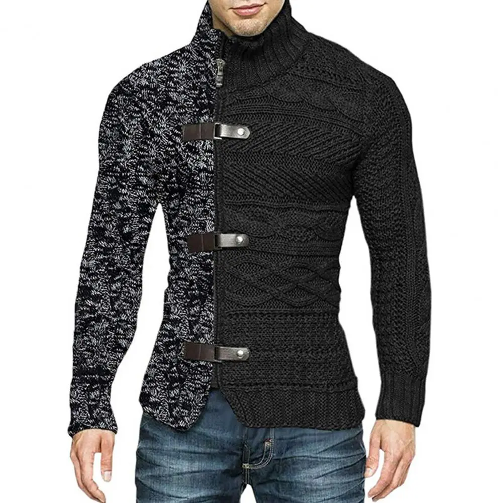 Men Winter Sweater Coat Color Matching Asymmetric High Collar Slim Fit Warm Knitted Sweater Coat Winter Thermal Sweater Jacket