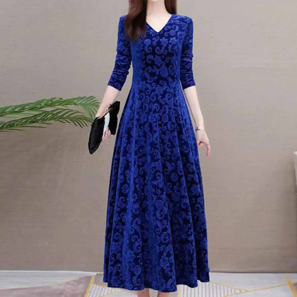 Velvet Elegant Women Maxi Dress Chic Flower Pattern V Neck Long Sleeves Waist Tight Party Dress oliday Solid Color Autumn Dress