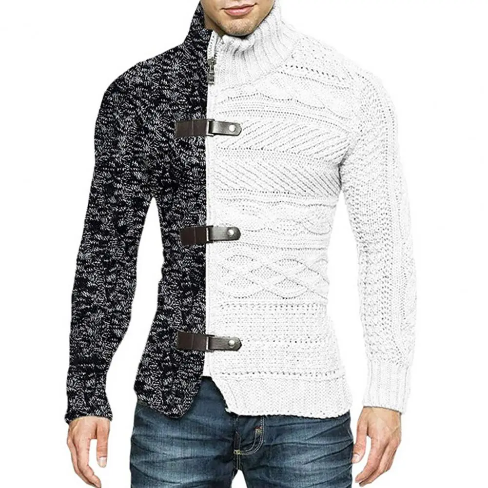 Men Winter Sweater Coat Color Matching Asymmetric High Collar Slim Fit Warm Knitted Sweater Coat Winter Thermal Sweater Jacket