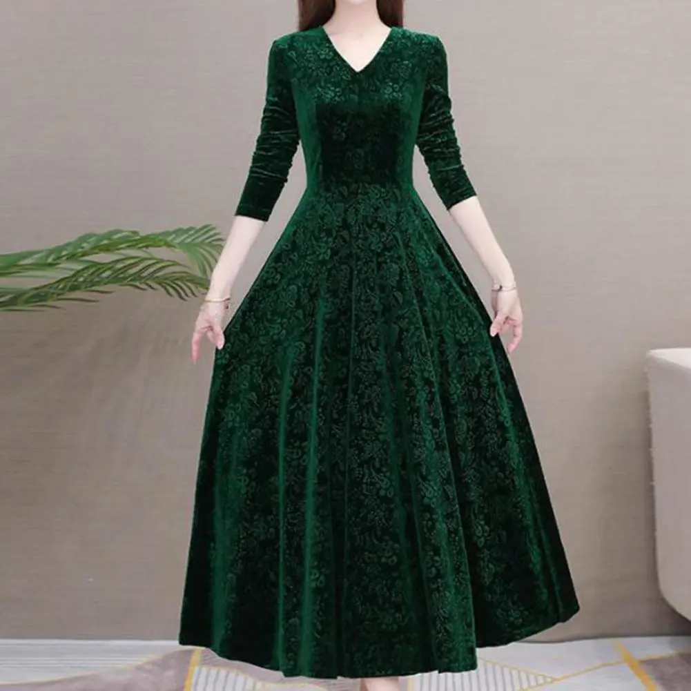 Velvet Elegant Women Maxi Dress Chic Flower Pattern V Neck Long Sleeves Waist Tight Party Dress oliday Solid Color Autumn Dress