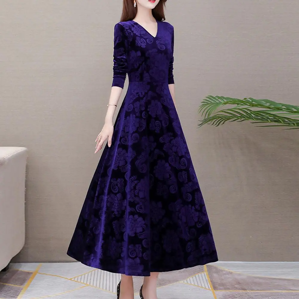 Velvet Elegant Women Maxi Dress Chic Flower Pattern V Neck Long Sleeves Waist Tight Party Dress oliday Solid Color Autumn Dress