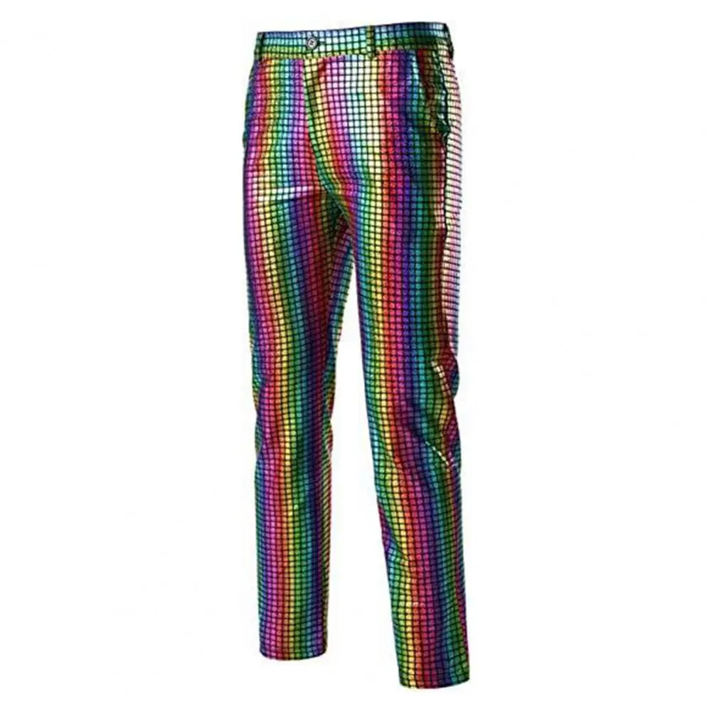 Rainbow Plaid Sequin Glitter Pants Men 70s Disco Party Dancer Singer Trousers Mens Nightclub DJ Stage Prom Trousers Suit Trouser