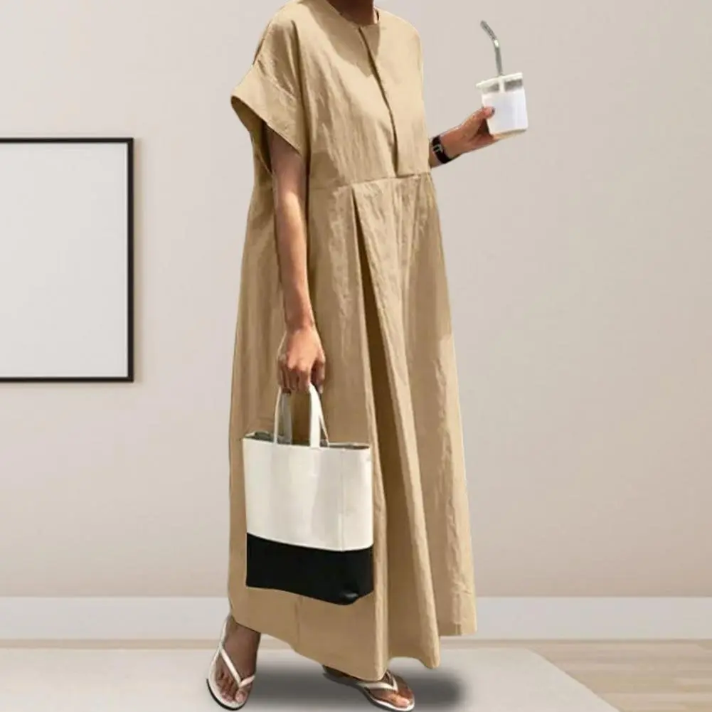 Cotton Linen Women Casual Dress Summer Vintage Maxi Dress O Neck Short Sleeves Women's Midi Dresses Loose Summer Long Dresses