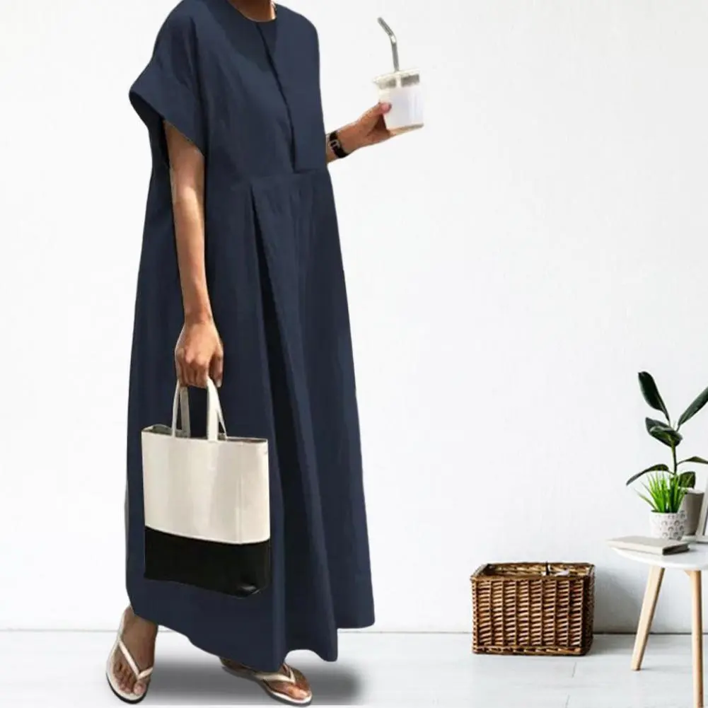 Cotton Linen Women Casual Dress Summer Vintage Maxi Dress O Neck Short Sleeves Women's Midi Dresses Loose Summer Long Dresses