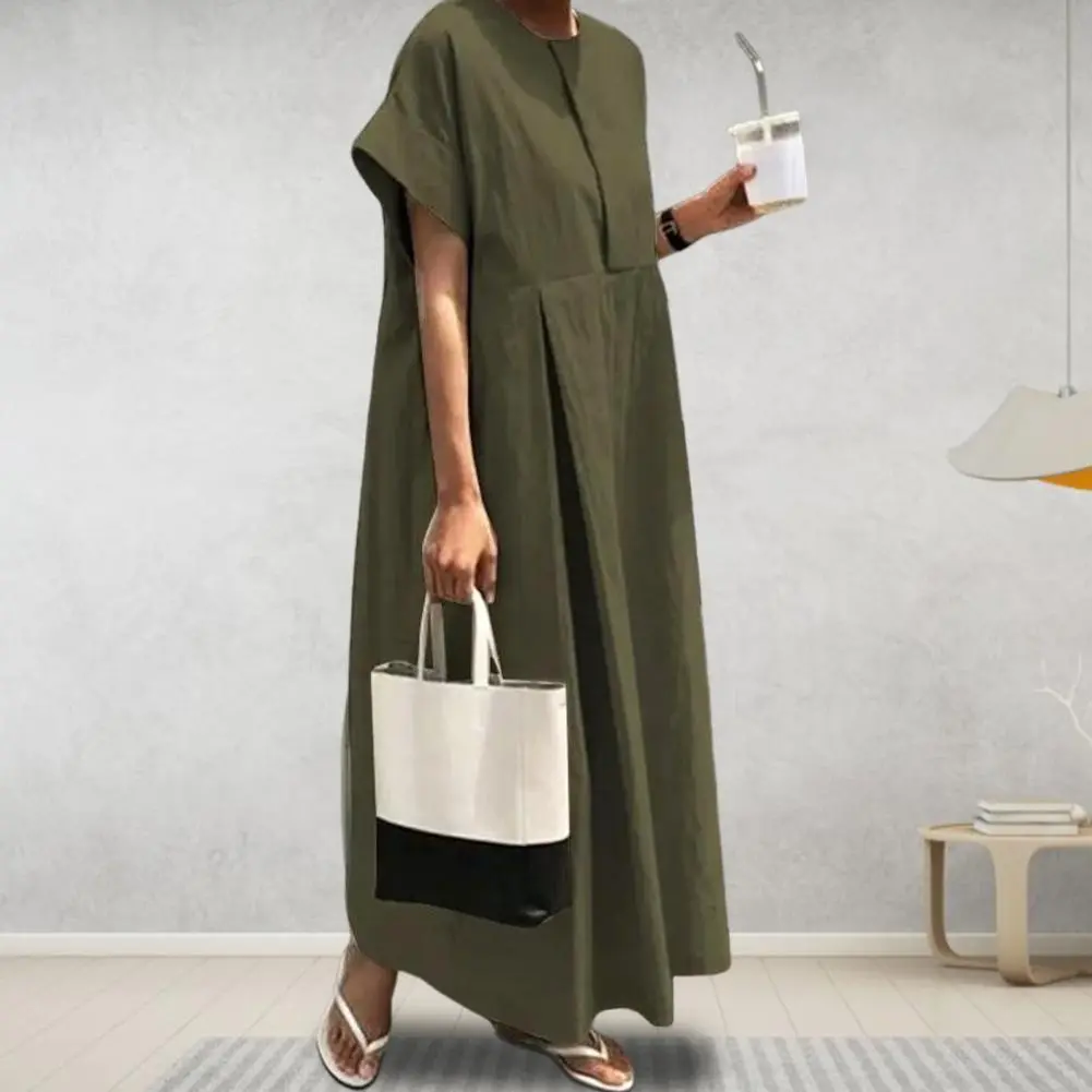 Cotton Linen Women Casual Dress Summer Vintage Maxi Dress O Neck Short Sleeves Women's Midi Dresses Loose Summer Long Dresses
