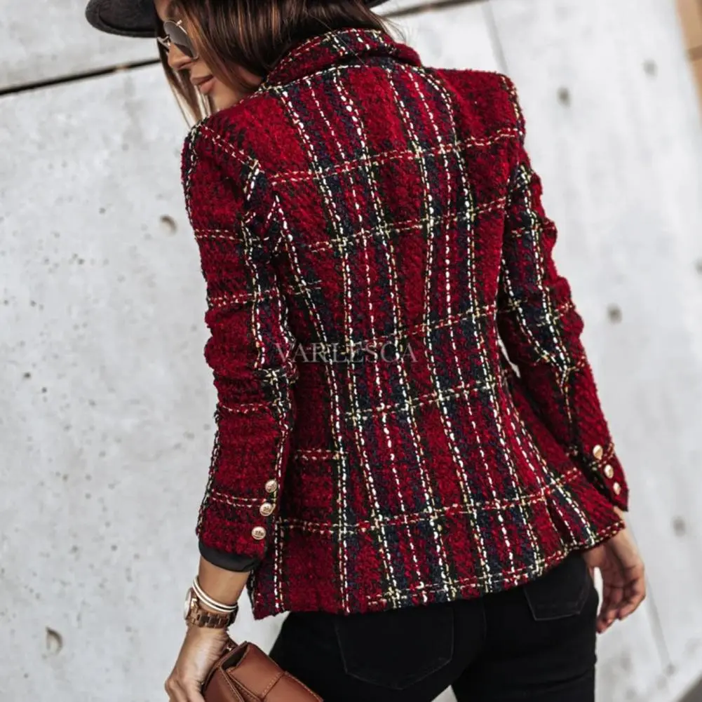 Vintage Women Tweed Coat Plaid Print Double Breasted Casual Buttons Spring Slim Fit Flap Pocket Formal Lady Blazer