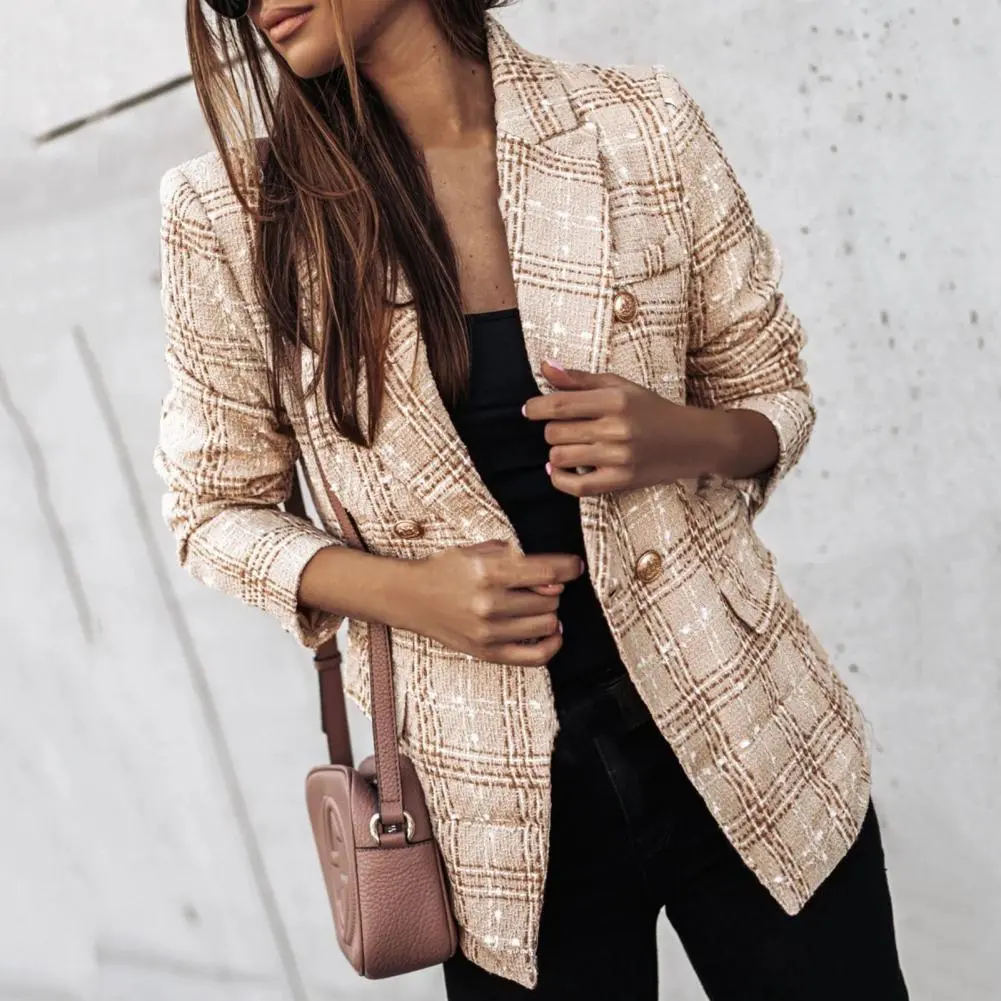 Vintage Women Tweed Coat Plaid Print Double Breasted Casual Buttons Spring Slim Fit Flap Pocket Formal Lady Blazer