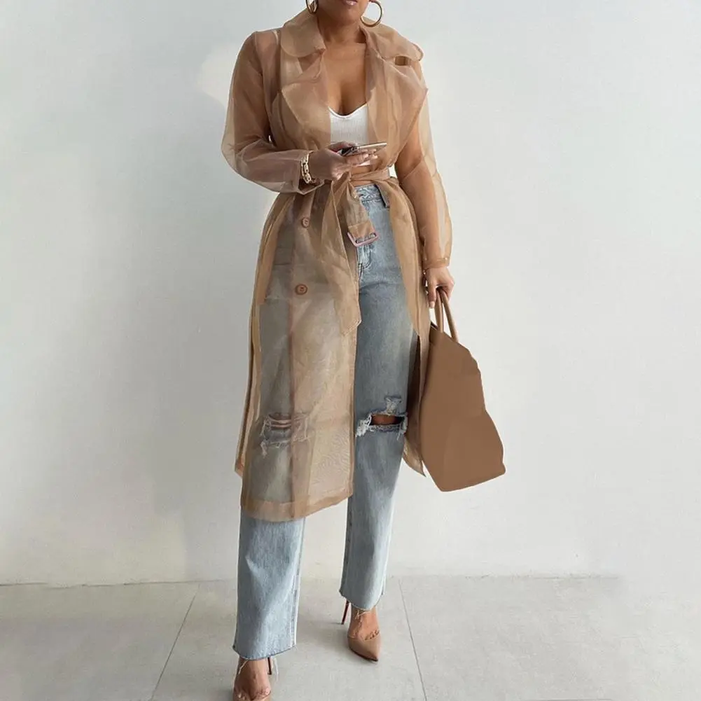 Korean Fashion Women Mesh Jacket Puff Sleeve Sunscreen Shirt Net Yarn See Through Spring Summer Lace-up Long Shirt Thin Coat