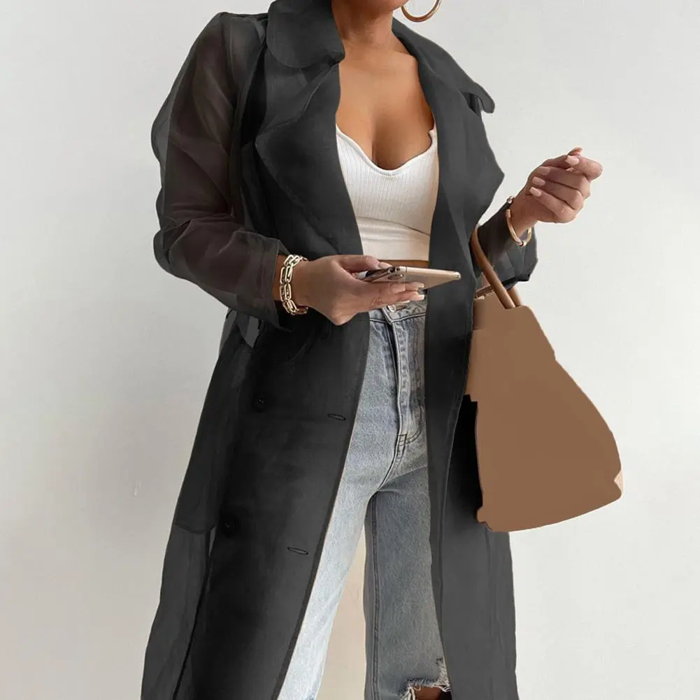 Korean Fashion Women Mesh Jacket Puff Sleeve Sunscreen Shirt Net Yarn See Through Spring Summer Lace-up Long Shirt Thin Coat